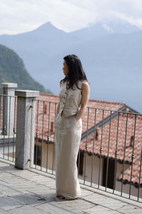 Linen Wool Blend Tailored Skirt in Natural Herringbone